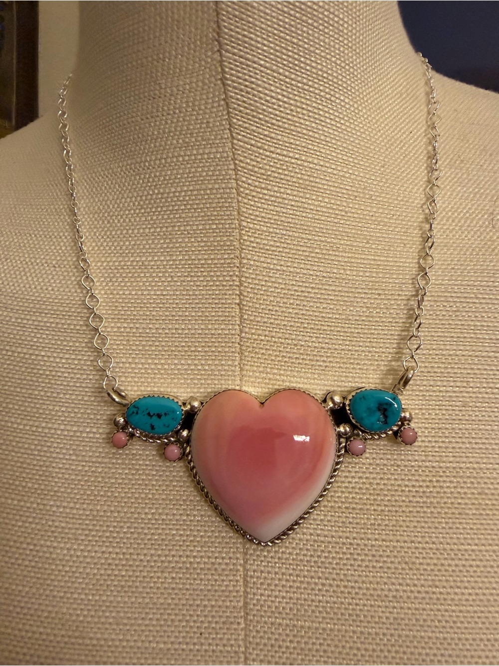 NATIVE MADE Pink Conch Pendant Necklace with Turquoise. Stamped by the artist.